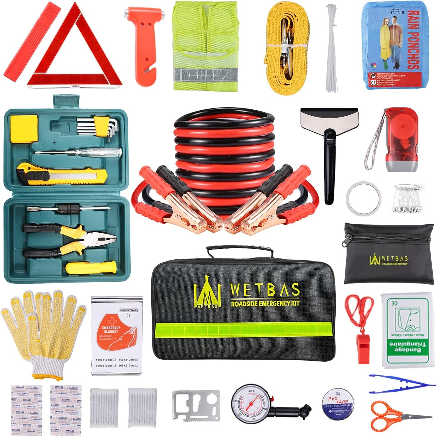 Car Roadside Emergency Kit, Auto Vehicle Safety Emergency Road Side Assistance Kits Essentials, Solenoid Starter Repair Kit with Jumper Cables, Safety Hammer, Reflective Warning Triangle