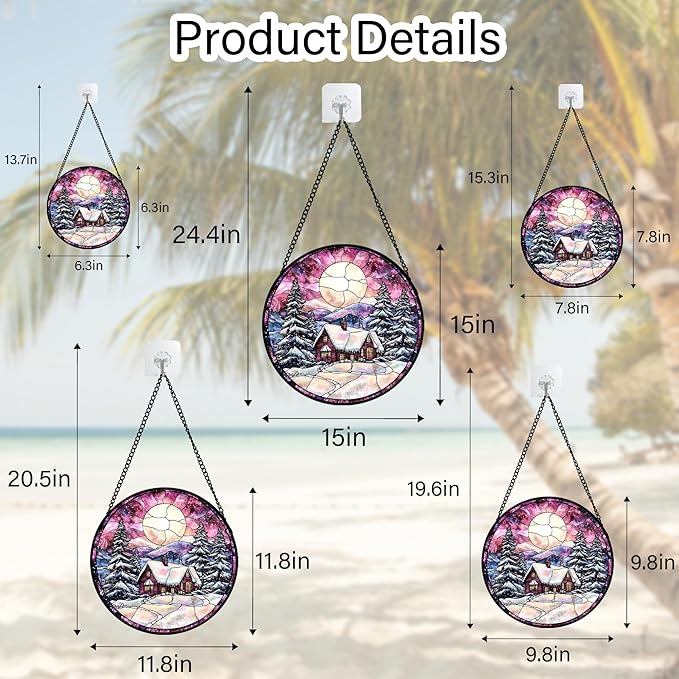 Stained Glass Window Hanging - Winter Snow Scene Cabin Moon Sun Catcher for Door Garden Home Decor Pine Tree Suncatcher Christmas Mother's Day Birthday Gifts for Women Men Mom Nana 9.8 in