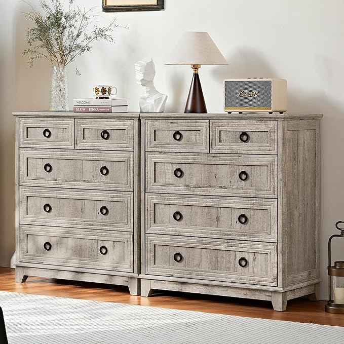 Farmhouse 5 Drawer Dresser for Bedroom Set of 2, 33.2" Tall Small Dressers & Chest of Drawers, Rustic Wood Dresser with Metal Handle, Storage Organizer Closet for Living Room, Hallway,Entryway