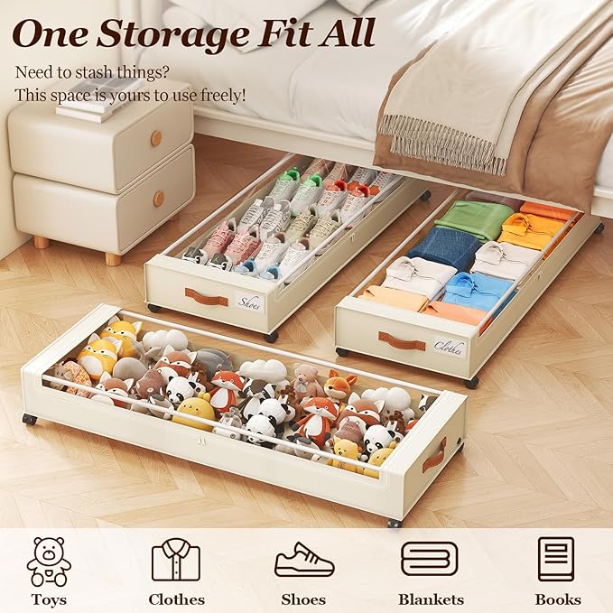 Yecaye Under Bed Storage with Wheels 2 Pack, 85L Extra Large Under Bed Storage Containers with Metal Frame & Clear Lid, Rolling Underbed Organizer Bins Drawers for Clothes, Shoes, Blankets, Beige