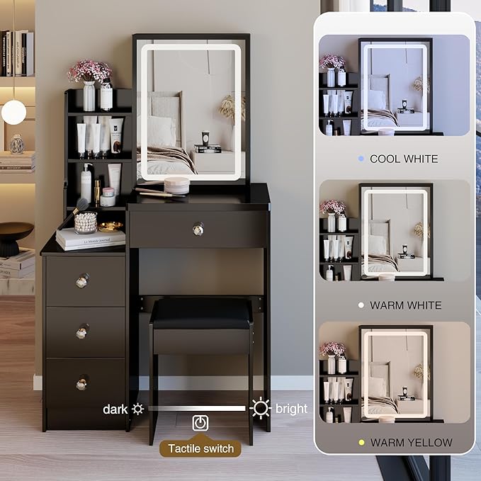 29.2" Small Vanity Desk with Mirror and Lights, Makeup Table with Led Lights and Sliding Mirror, 3 Lighting Colors, Vanity Set with Drawers and Stool for Small Space and Bedroom, Black