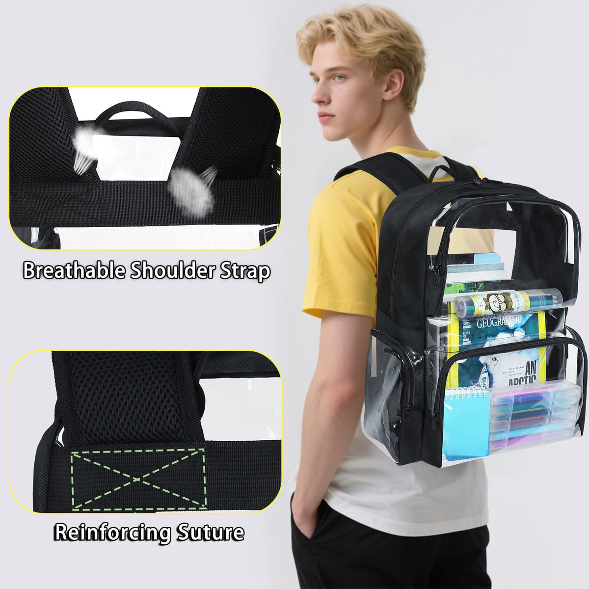YOLIBON Clear Backpack Heavy Duty,18'' Large Clear Backpack with Multiple Pockets,See Through Bookbag for Boys & Girls,College Work Security,Black