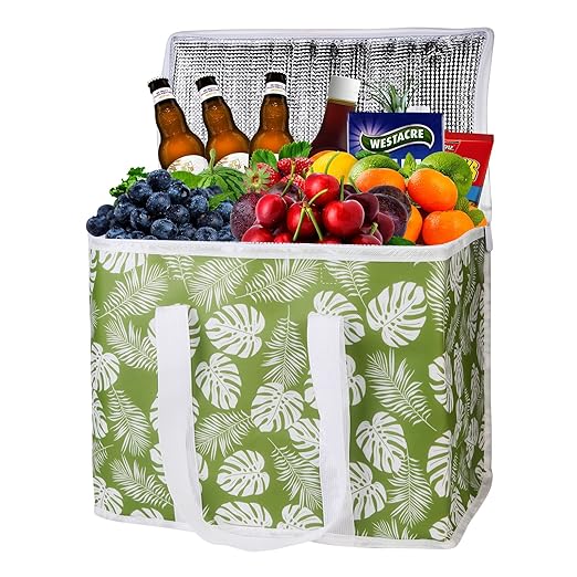 musbus 2-Pack extra Insulated Grocery shopping bag, large Green leaf, kitchen foldable reusable bags groceries,Sturdy zipper,Collapsible,tote,cooler,for transport women,Durable carrier