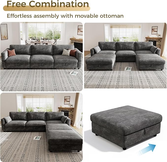 KKL Modular Sectional Couches for Living Room, Chenille 5 Seater Sofa Couch with Adjustable Backrest, Sofa Couch with Comfy Cushion, Dark Grey