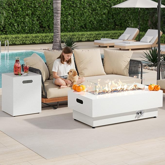 IRONCK 43-inch Outdoor Propane Fire Pit Table w Tank Table, CSA Certified, 2 in 1 Rectangular Patio Fire Pit w Glass Rocks, Wind Guard and Cover, 50000 BTU Outdoor Heater for Garden, Pool, White