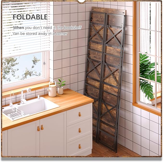 4NM 7 Tiers No Assembly Book Shelves, 72.4" H Folding Bookshelf Bookcase Open Industrial Foldable Shelves for Bedroom, Living Room, Home Office - Rustic Brown Black