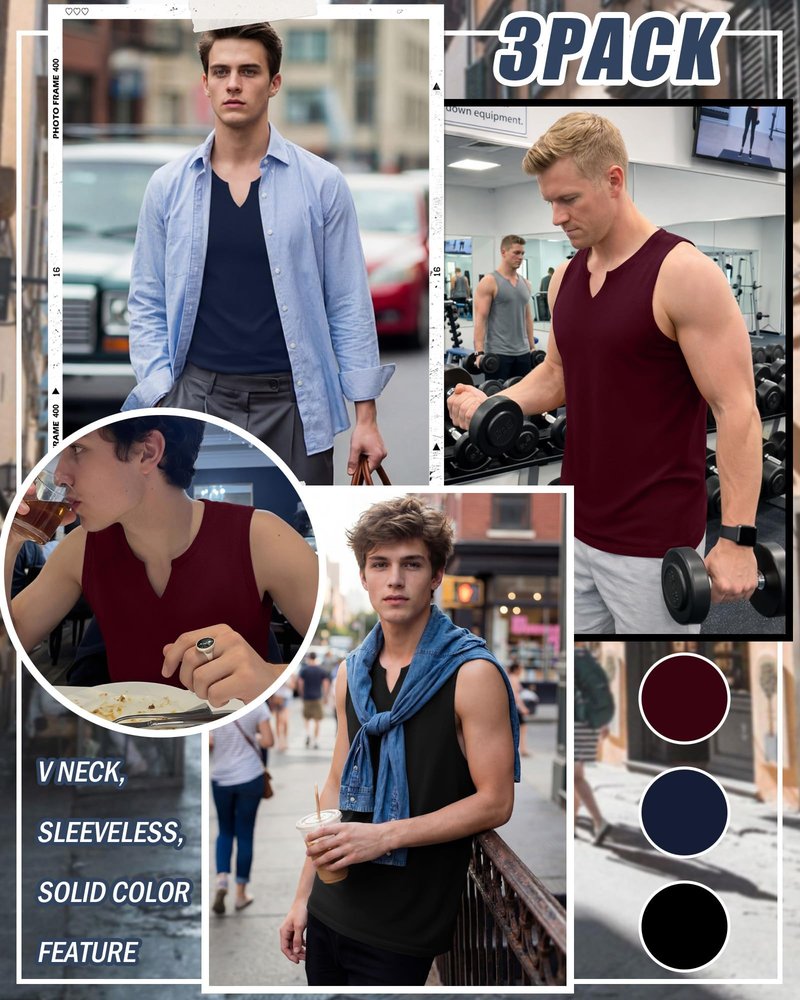Riyiper 3 Pack Men's Sleeveless Tank Tops, V Neck Longline Henley T Shirts Casual Basic Muscle Shirts Stretch Athletic Tee(Black, Navy Blue, Wine Red,Large)