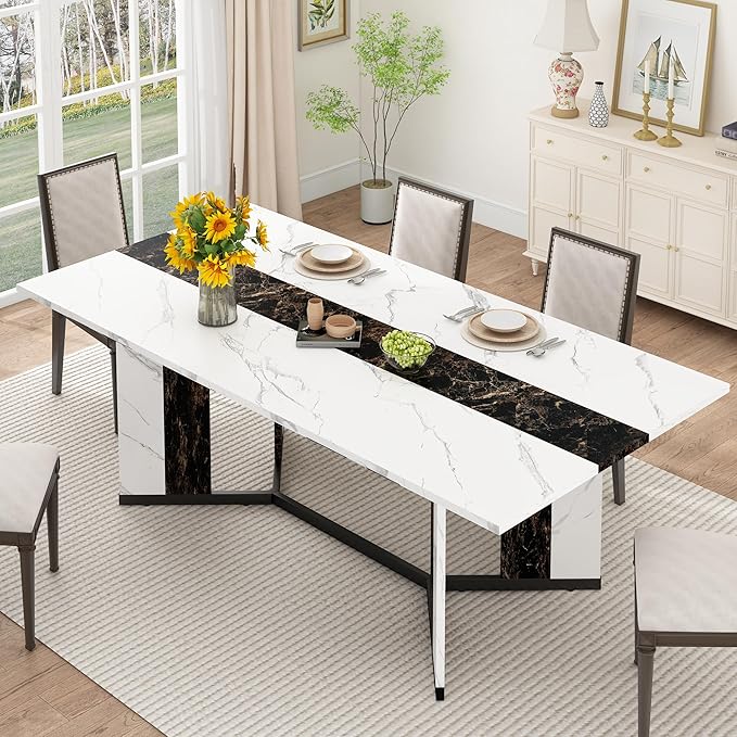 71 inch Dining Table for 4 5 6 | Modern White&Black Rectangular Kitchen Table W/Waterproof Wood Tabletop,Farmhouse Long Dining Room Tables W/Adjustable Legs&Wood Strip Base for Kitchen Living Room