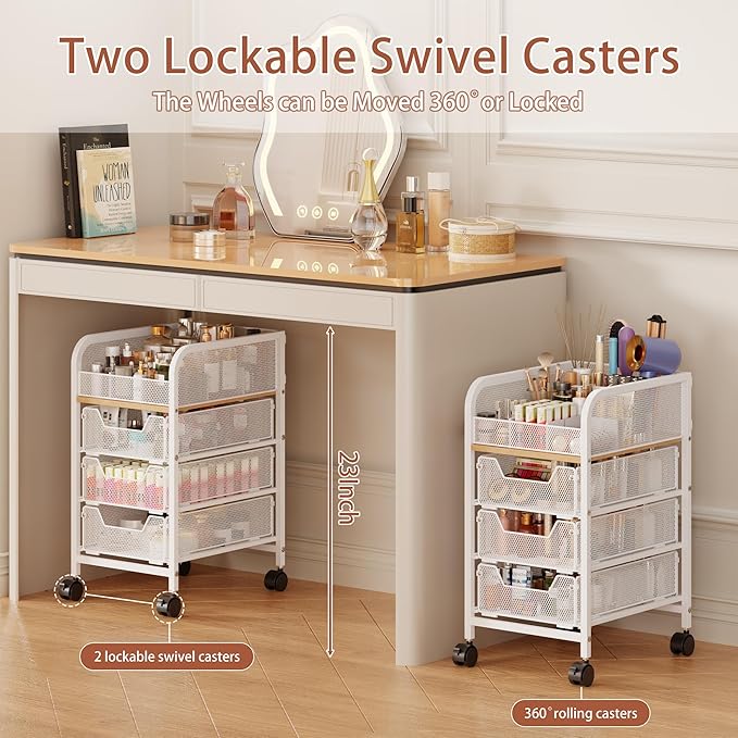 Rolling Makeup Cart Organizer with 3 Drawers, 4-Tier Narrow Floor Skincare Organizers with dividers, Vanity Organizer Cosmetics Display Cases for Makeup Brush, Hair Tool, White
