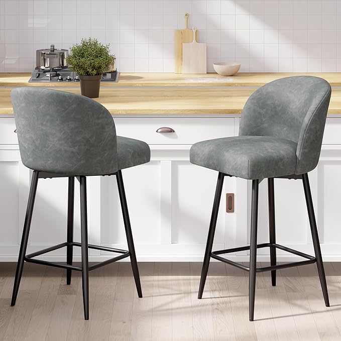 Counter Height Bar Stools Set of 2,360° Swivel Barstools with High Back and Metal Legs,26" Seat Height, Upholstered PU Leather Bar Chairs for Kitchen Island, Dining Room,Cafes,Grey