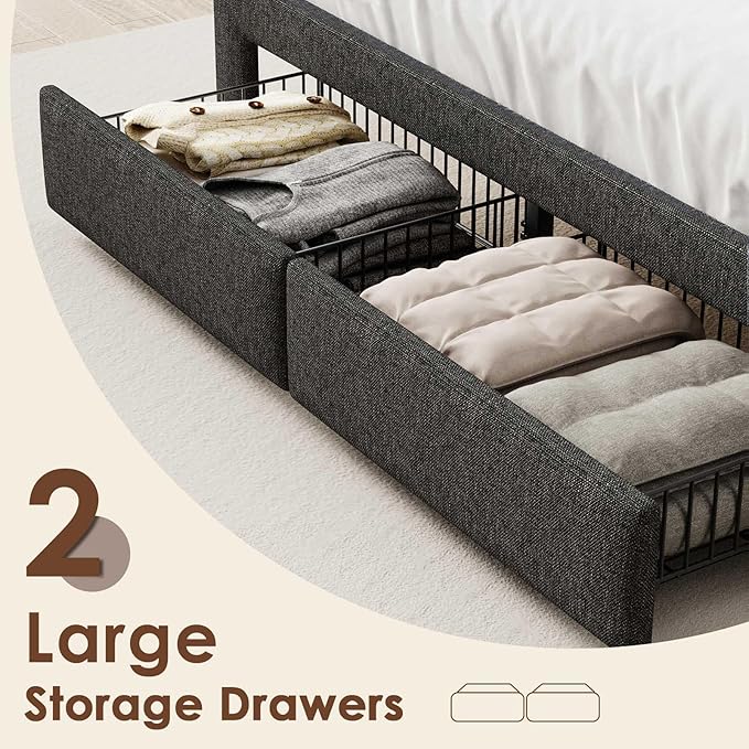 LED Queen Bed Frame with 2 Storage Drawers, Upholstered Bed Frame Queen Size with Headboard and Charging Station, No Box Spring Needed, Easy to Assembly-Dark Grey