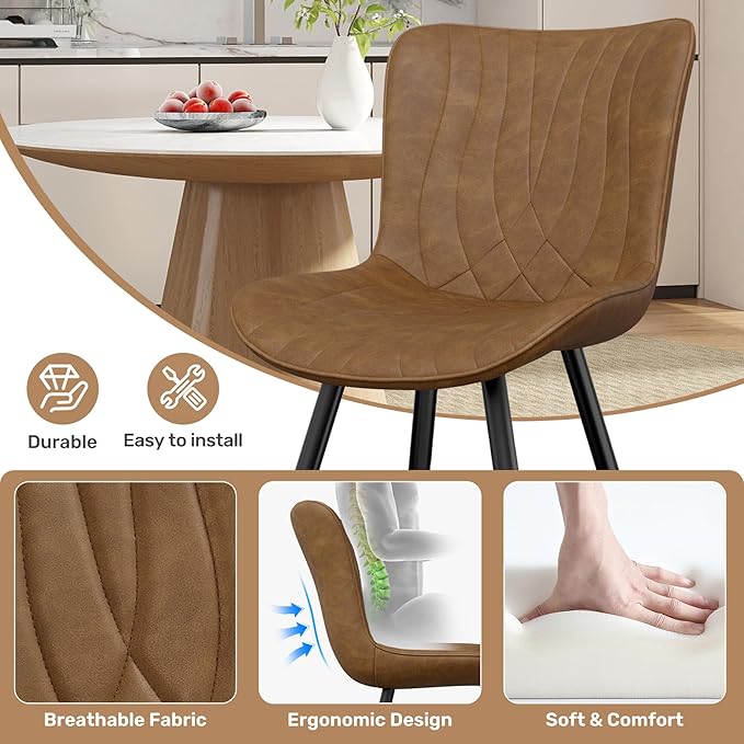 Dining Chair Set of 4 PU Leather Dining Room Chairs Upholstered Comfy Dining Chairs Modern Kitchen Armless Side Chair with Sturdy Metal Legs,Brown