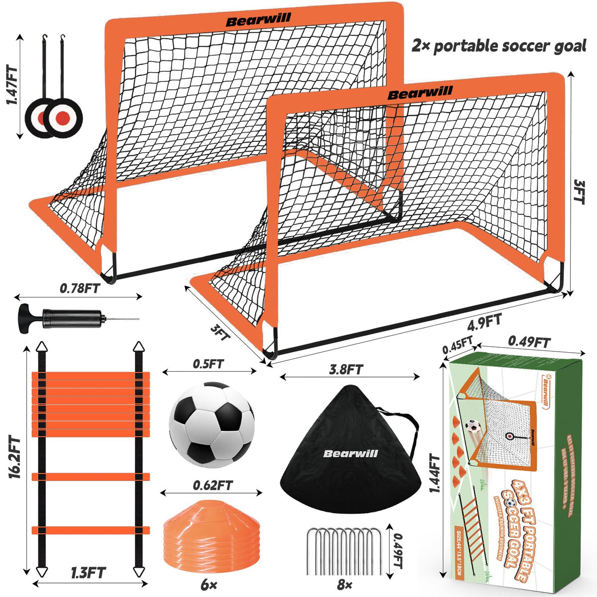Bearwill Soccer Goal, Kids Soccer Goals for Backyard Set of 2, 4x3ft Portable Soccer Goal Pop Up Soccer Net, Kids Soccer Net Training Equipment with Soccer Ball, Ladder, Cones, Targets