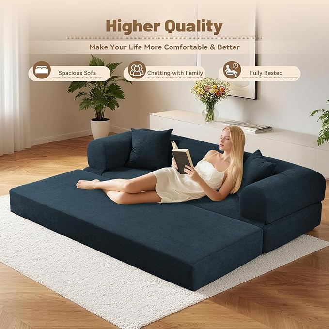 80" Convertible Sofa Bed,Folding Pull Out Couch with Pillows & Storage Pocket,Modular Corduroy Queen Sleeper Sofa in a Box,No Assembly Boneless Couch for Living Room,Navy Blue