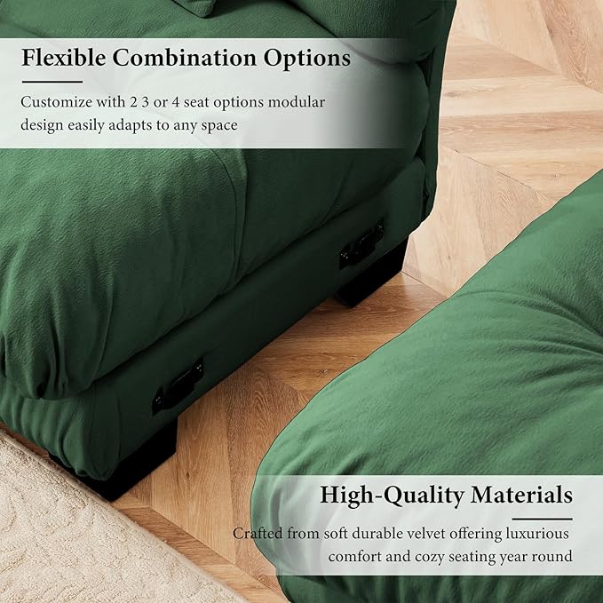 173.2" Oversized Couch, 4 Seater Modular Sectional Sofa, Green Large Sectional Couches for Living Room, Fluffy Chenille Fabric Cloud Couch with 5 Pillows, Deep Seat Sofas