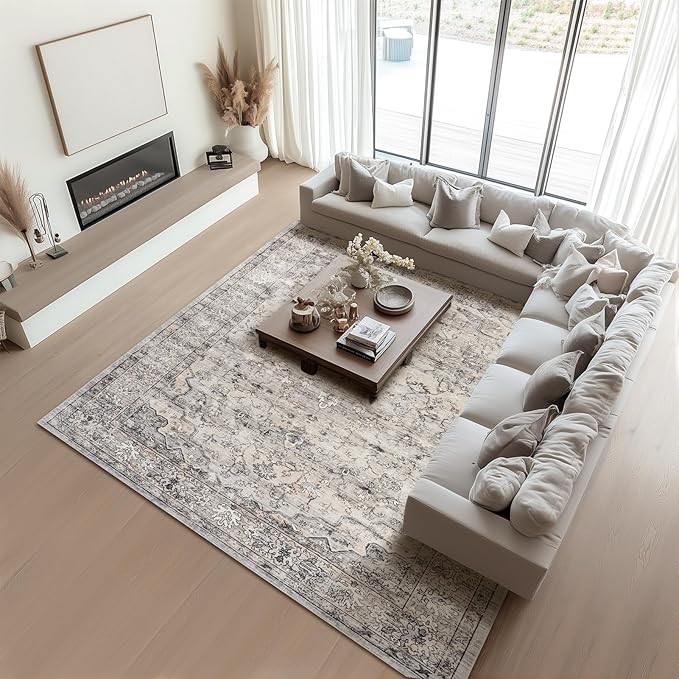8x10 Area Rugs for Living Room Washable Non Slip Modern Large Rug Soft Faux Fur Low Pile Stain Resistant Vintage Euro Floral Boho Design Big Carpet Rug for Bedroom Dining Room Family Room,Neutral Grey