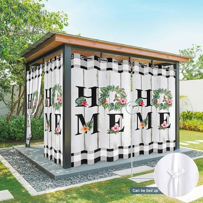 Summer Outdoor Curtains for Patio Leaves Garland Plumeria Wood Buffalo Plaid