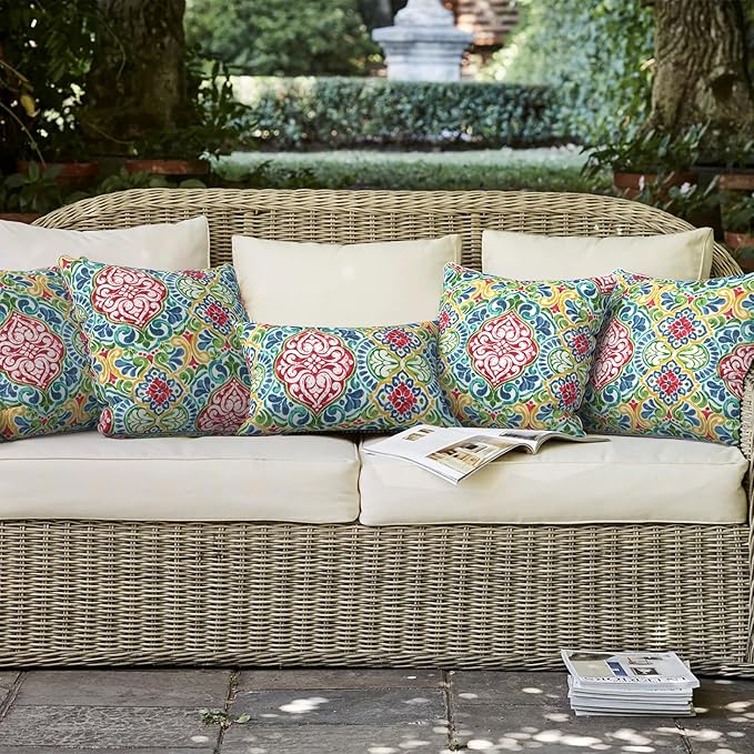 LVTXIII Set of 2 Patio Throw Pillows Waterproof 18"x18" Fade Resistant Outdoor Throw Pillows with Inserts, Fluffy Decorative Garden Toss Pillow Cushions for Home Patio Coach Sofa Use, Damask Red