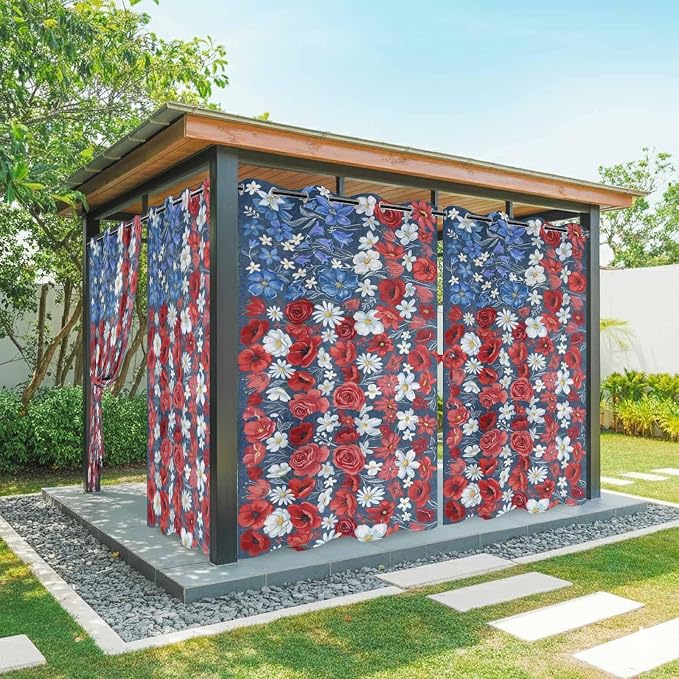 4th of July Outdoor Curtains for Patio Patriotic Flowers Farmhouse Red