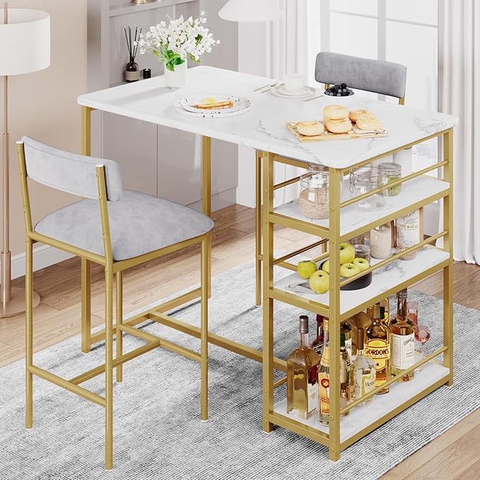CABIHOME Dining Table Set for 2, Kitchen Table and Velvet Upholstered Chairs for 2, 3 Piece Counter Height Bar Table Set with 3 Large Storage Shelves for Small Space, Apartment, Gray and Gold White