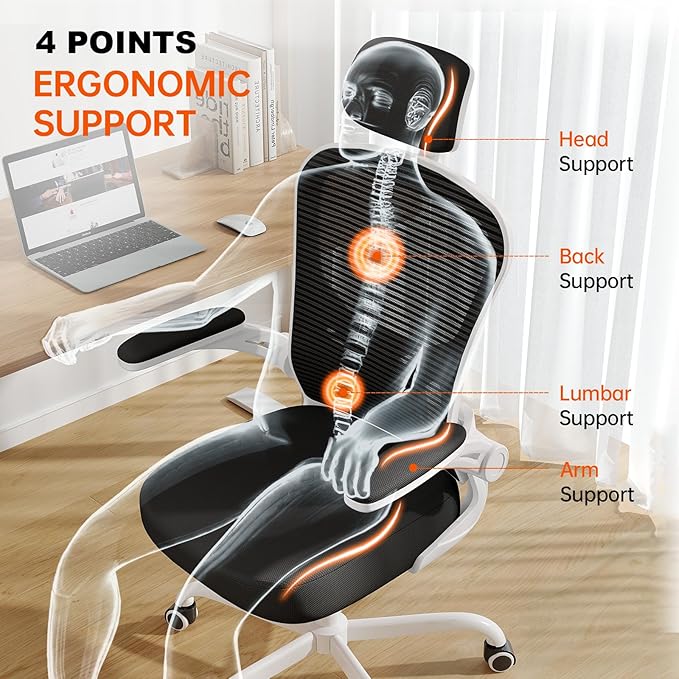 Office Chair Ergonomic Desk Chair, 330LBS Capacity, High Back Computer Chair for Long Hours Comfortable, Rolling Swivel Executive Task Chair for Home Office with Flip-up Armrests(White Black)