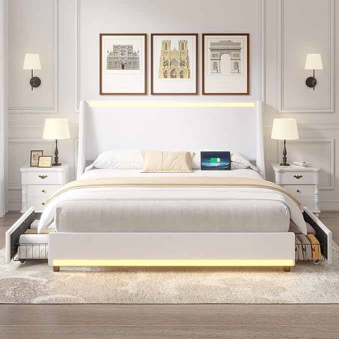 VECELO Full Size Bed Frame with Storage Drawers, Upholstered Platform Bedframe with Wingback Headboard, No Box Spring Needed, White