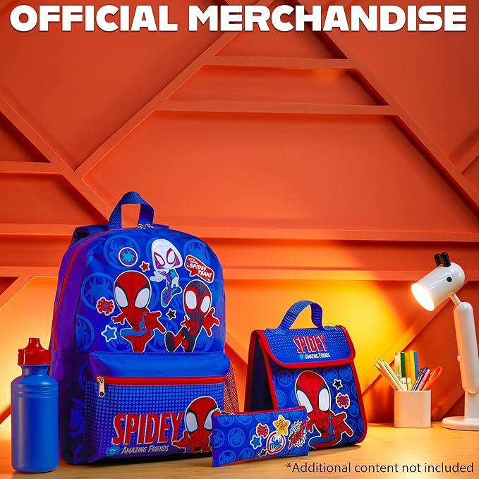 Marvel Spiderman Backpack Set 4 Pcs Water Bottle Pencil Case Lunch Bag or Wallet Key Ring School Supplies Gifts for Kids (Spidey)