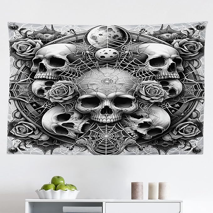Ambesonne Gothic Tapestry, Dark Tone Neo Spooky Vampire Skulls with American Traditional Roses, Fabric Wall Hanging Decor for Bedroom Living Room Dorm, 45" X 30", Pale Grey Dark Grey White