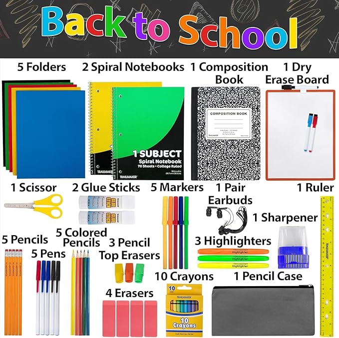 Trail maker Back to School Supplies 60 Piece Bundle Kit for Girls, Boys, Kids, Back to School Supply Box Set Includes Notebooks, Folders, Composition Book, Headphones, Ruler, and More