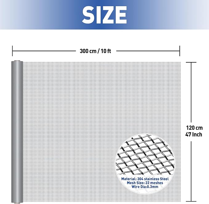 MAGZO 304 Stainless Steel Mesh Screen Roll 47in x 10ft