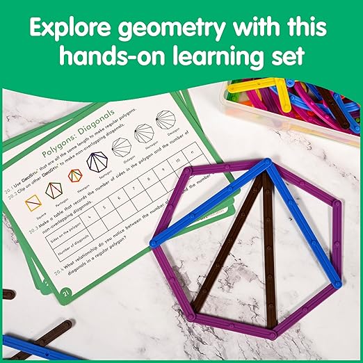 edxeducation GeoStix Deluxe Set | Teach Geometry | 100 Construction Sticks, 2 Protractors, Activity Cards | Manipulative for Math, Art and Fine Motor Skills