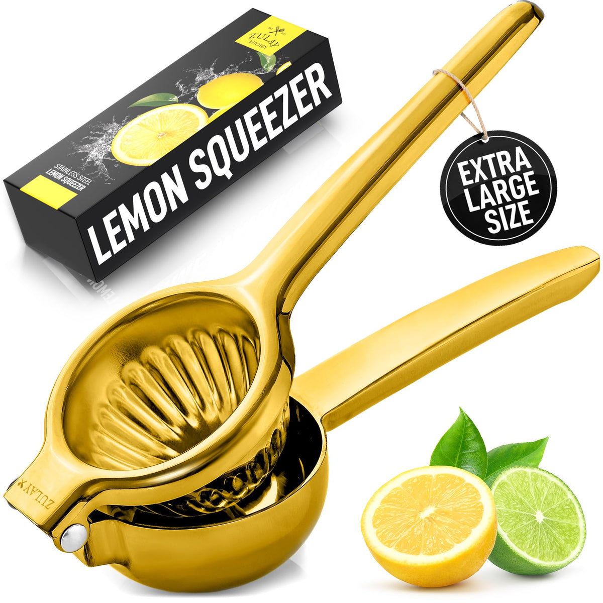 Zulay Kitchen Extra Large Lemon Squeezer Stainless Steel - Easy Squeeze Heavy Duty Lemon Juicer Hand Press - Ergonomic Citrus Squeezer & Fruit Juicer for Small Oranges, Lemons, & Limes - Silver