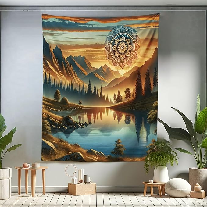 Ambesonne Mountain Tapestry Twin Size, Laky Scenic Mounts and Woods Oriental Dream Aura Mandala Flower Boho, Wall Hanging Bedspread Bed Cover Wall Decor, 68" X 88", Pale Vermilion Sea Blue
