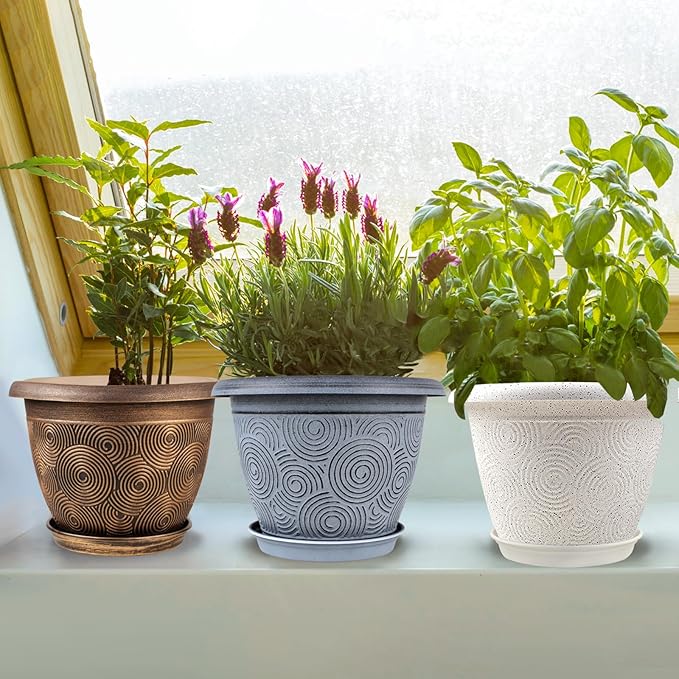 8 Inch Flower Pots Planters for Indoor Outdoor Plants, 4 Pack Plastic Small Plant Pots with Drainage Hole & Tray, Modern Decorative Garden Pot with Saucer, Plant Container for House