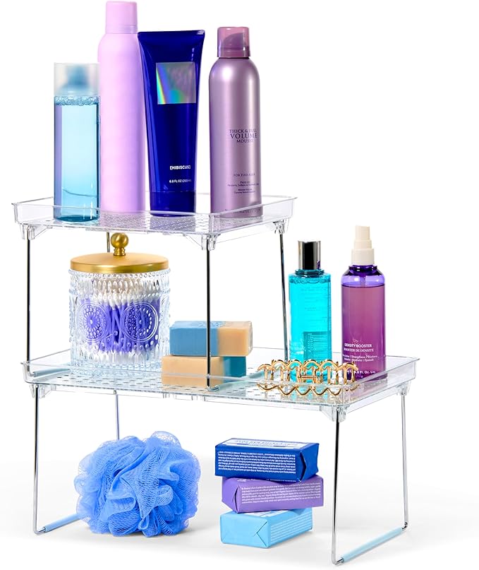 madesmart Stacking Shelf, Small, Vertical Storage with Airflow Holes, Organizer for Spices, Make-Up, Bottles & Jars, Blue