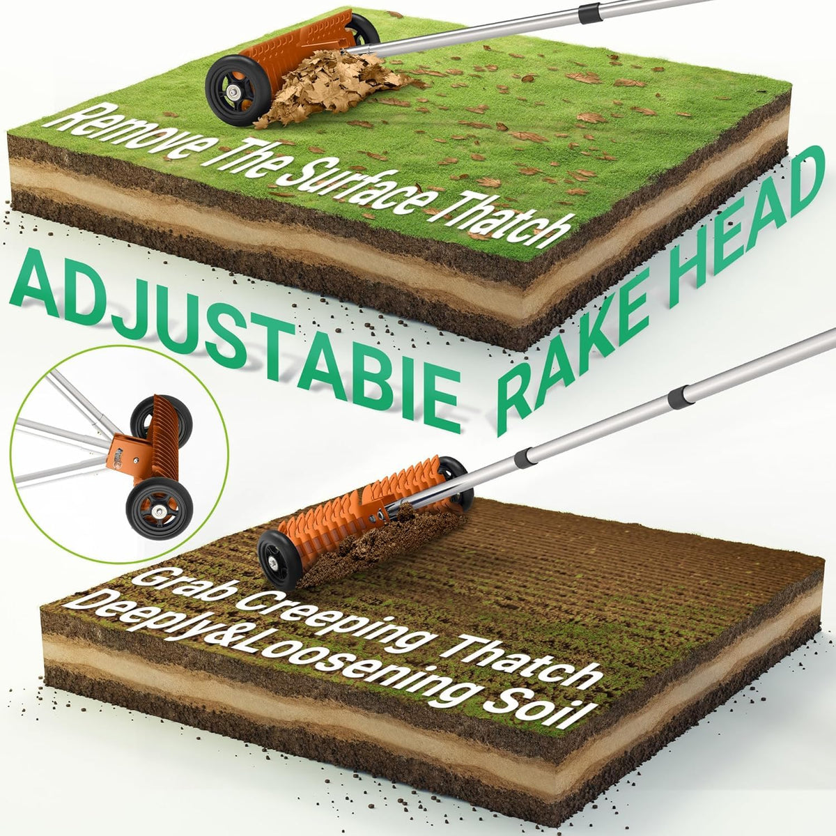 Thatch Rake for Lawn, 15-Inch Dethatcher Rake with Rolls Efficient Steel Metal Rake, Adjustable 0-15°, 38-68 Inch Handle, Heavy-Duty Thatching Rakes for Cleaning Dead Grass, Yard Garden Care