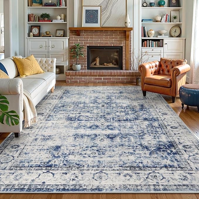 Lahome Vintage 8x10 Rugs for Living Room, Large Washable Rug for Bedroom Office, Boho Distressed Dining Room Rug Soft Stain Resistant Low Pile Accent Carpet for Home Playroom (8'x 10', Blue)