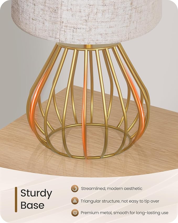 Gold Bedside Table Lamp, 12.6'' Small Table Lamp with Beige Linen Lampshade & Gold Teardrop Cage, Modern Little Cute Desk Lamp for Bedroom, Living Room, 2700K LED Bulb Included DE06TL05