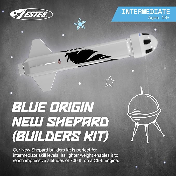 Estes 7315 Blue Origin New Shepard Builder Kit, Intermediate Flying-Rocket Model Kit for Ages 10+, Includes Model Parts and Parachute