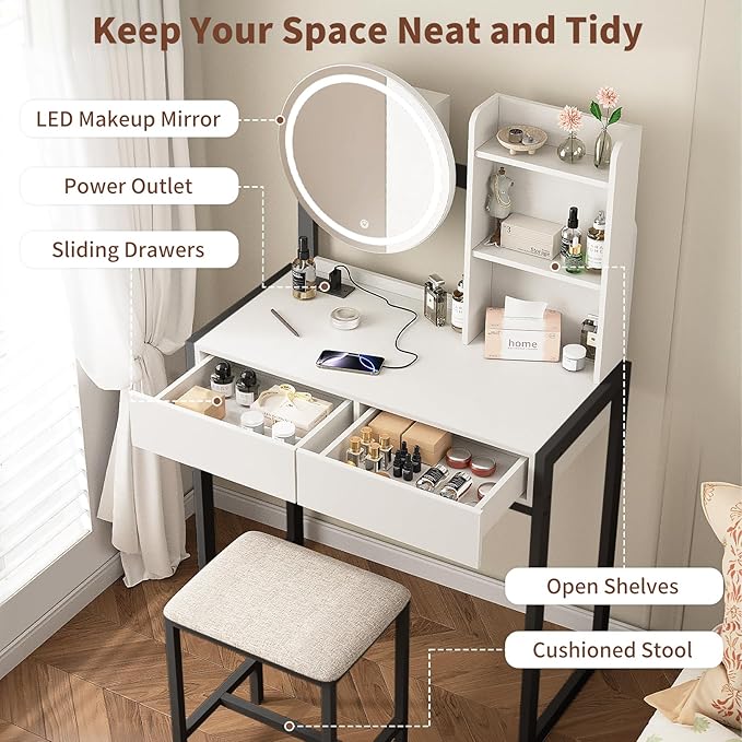 Small Vanity Desk with Mirror and Lights, Makeup Vanity Table with LED Mirror, 3 Lighting Modes, Power Outlet, Drawer, Open Shelves and Cushioned Stool for Bedroom (Black)