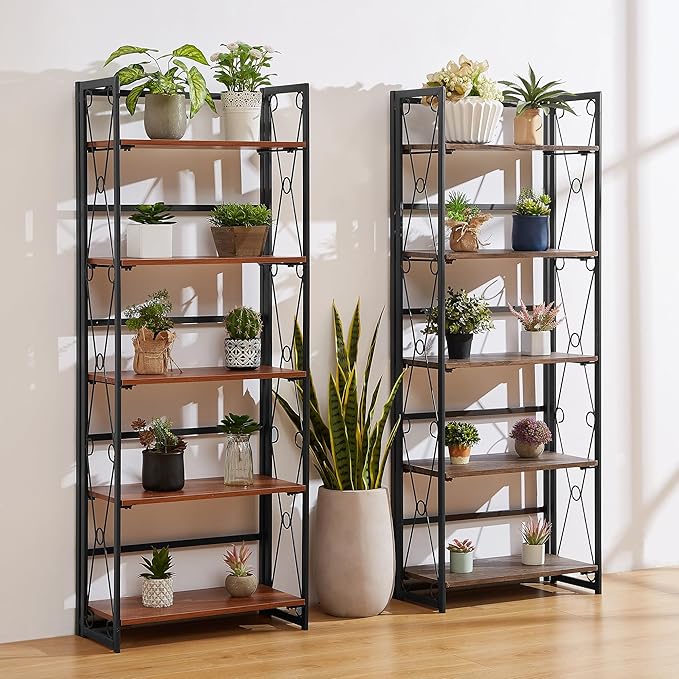VECELO 2 Set Folding Bookshelf 5-Tier,Industrial Metal Frame & Wood Shelves,Foldable Bookcase No Assembly Free Standing Storage Organizer for Living Room,Office,Bedroom