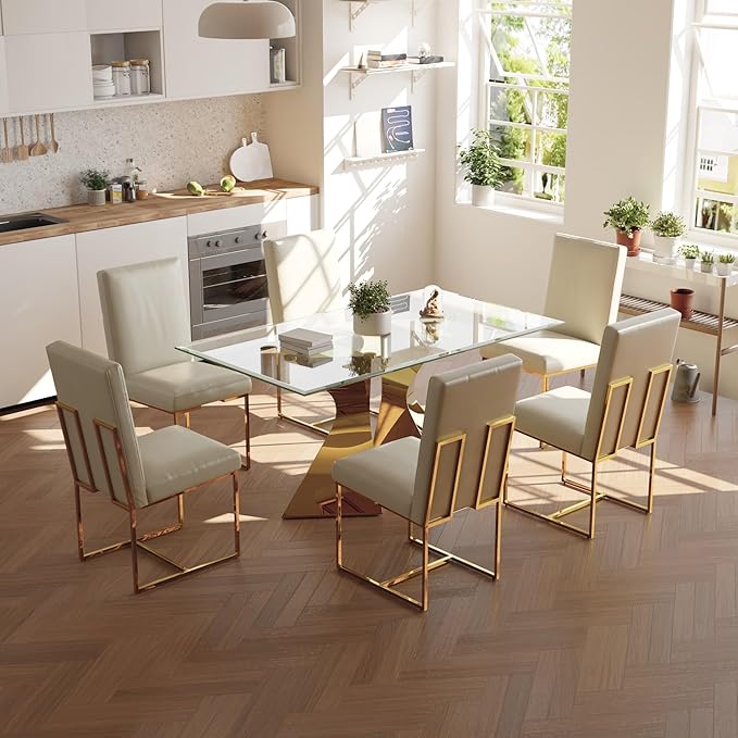 AUZ Dining Chairs Set of 4, White Faux Leather Mid Century Modern Chairs with Gold Stainless Steel Sled Legs
