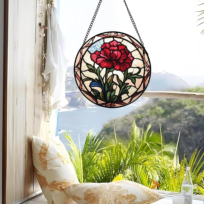 Stained Glass Window Hanging - Red Carnation Birth Flower Sun Catcher for Door Garden Home Decor Suncatcher Christmas Mother's Day Birthday Gifts for Women Men Mom Nana Friend Wife 6.3 in