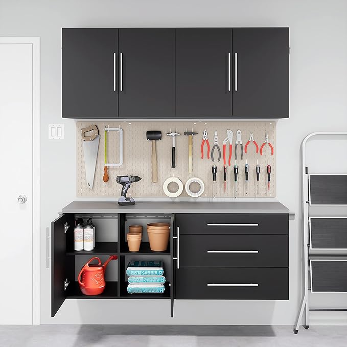 Prepac HangUps 30'' Garage Storage Cabinet with 3 Drawers, Wood Wall Mount Pantry Cabinet, Wall Hanging Laundry Room Cupboard, Kitchen Pantry for Garage, Kitchen and Laundry Organization, Black