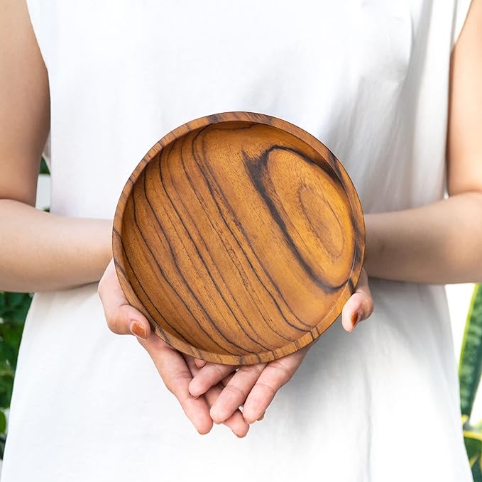 Rainforest Bowls Set of 2 6" Round Javanese Teak Wood Plates- Perfect for Everyday Use- Hot & Cold Friendly, Ultra-Durable, Premium Wooden Plates- Handcrafted by Indonesian Artisans