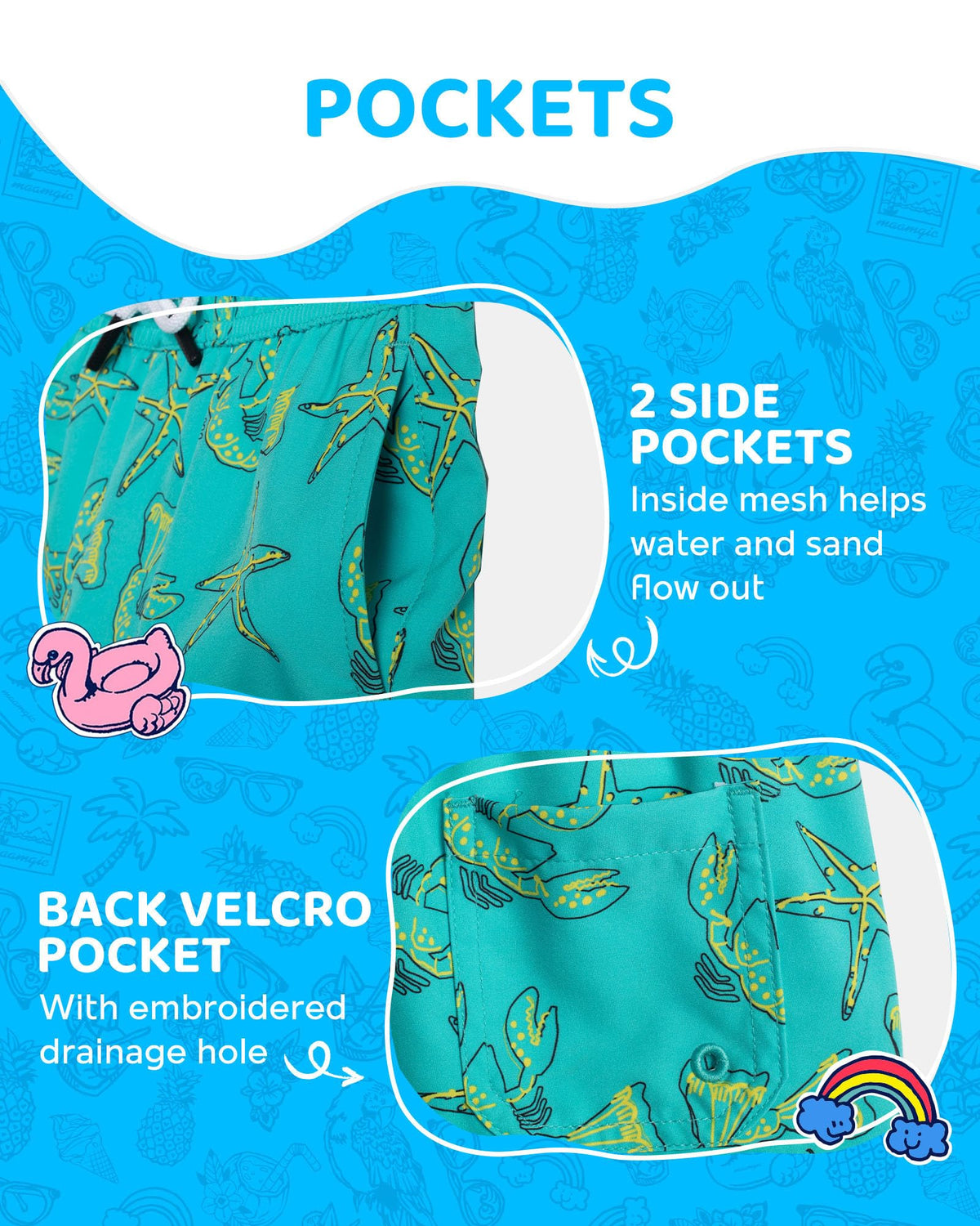 maamgic Boys Swim Trunks with Compression Liner Toddler Boy Swimsuit Quick Dry 4-Way Stretch Swimming Trunks Sea World Light Green 10-12 Years