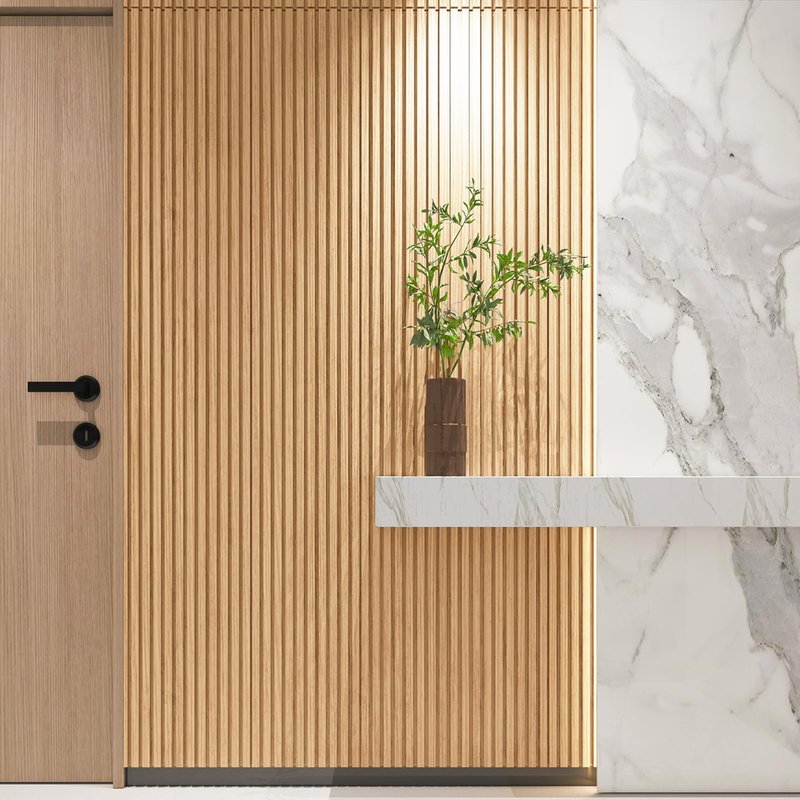 Art3d Slat Wood Wall Paneling for Interior and Ceiling Decoration - Pack of 4pcs + 1pc End-Trim, Size 108 x 5.7in.- Oak