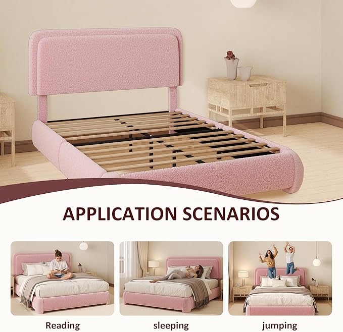Queen Boucle Platform Bed Frame with Height Adjustable Headboard, Modern Upholstered Cloud Bed, Sleek Curved Design, No Box Spring Needed, Easy Assembly, Noise Free, Pink