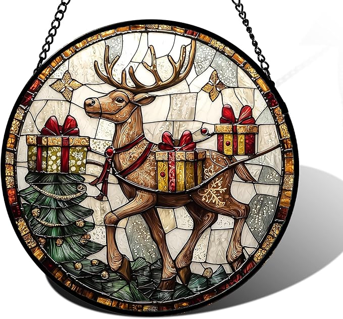 Stained Glass Window Hanging, Christmas Tree Elk Sun Catchers Colorful Glass Panel Retro Suncatcher Decor for Birthday for Women, Men, Wife, Aunt, and Mom 6.3 in