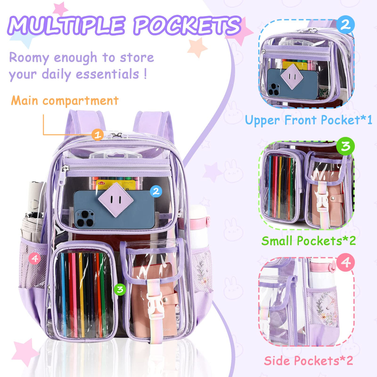PIG PIG GIRL Clear Backpack for School,Heavy Duty PVC Transparent Bookbag for Girls Stadium Approved See Through Backpack